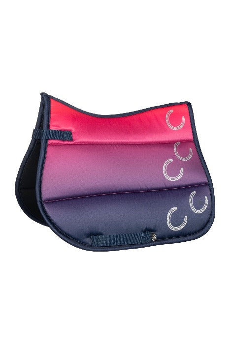 equestrian kids saddle pad with dark blue outer piping and pink, purple, dark blue ombre pattern with 5 silver horseshoes on the left rear side panels, with dark blue girth straps on white background