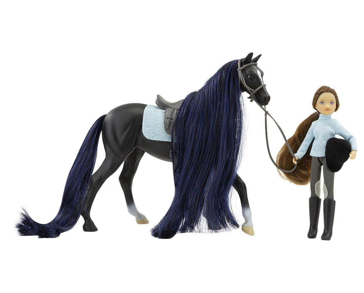 Dark model horse with long mane and tail with an English rider doll