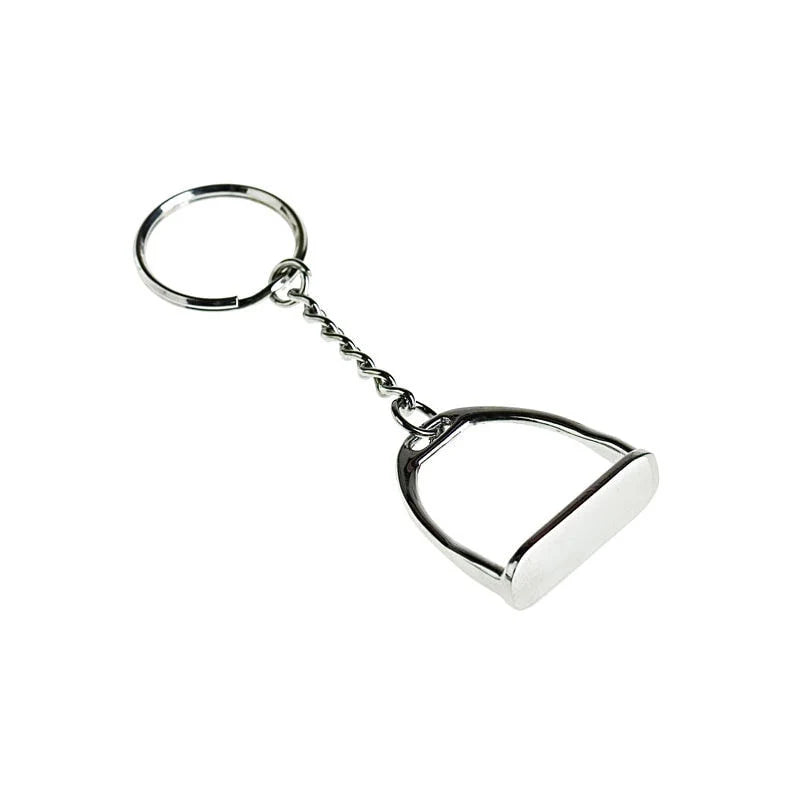 A polished silver metal keychain shaped like a riding stirrup, connected to a split key ring by a short twisted chain, shown on a plain white background.