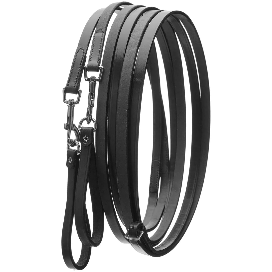 Dark leather draw reins on a white background