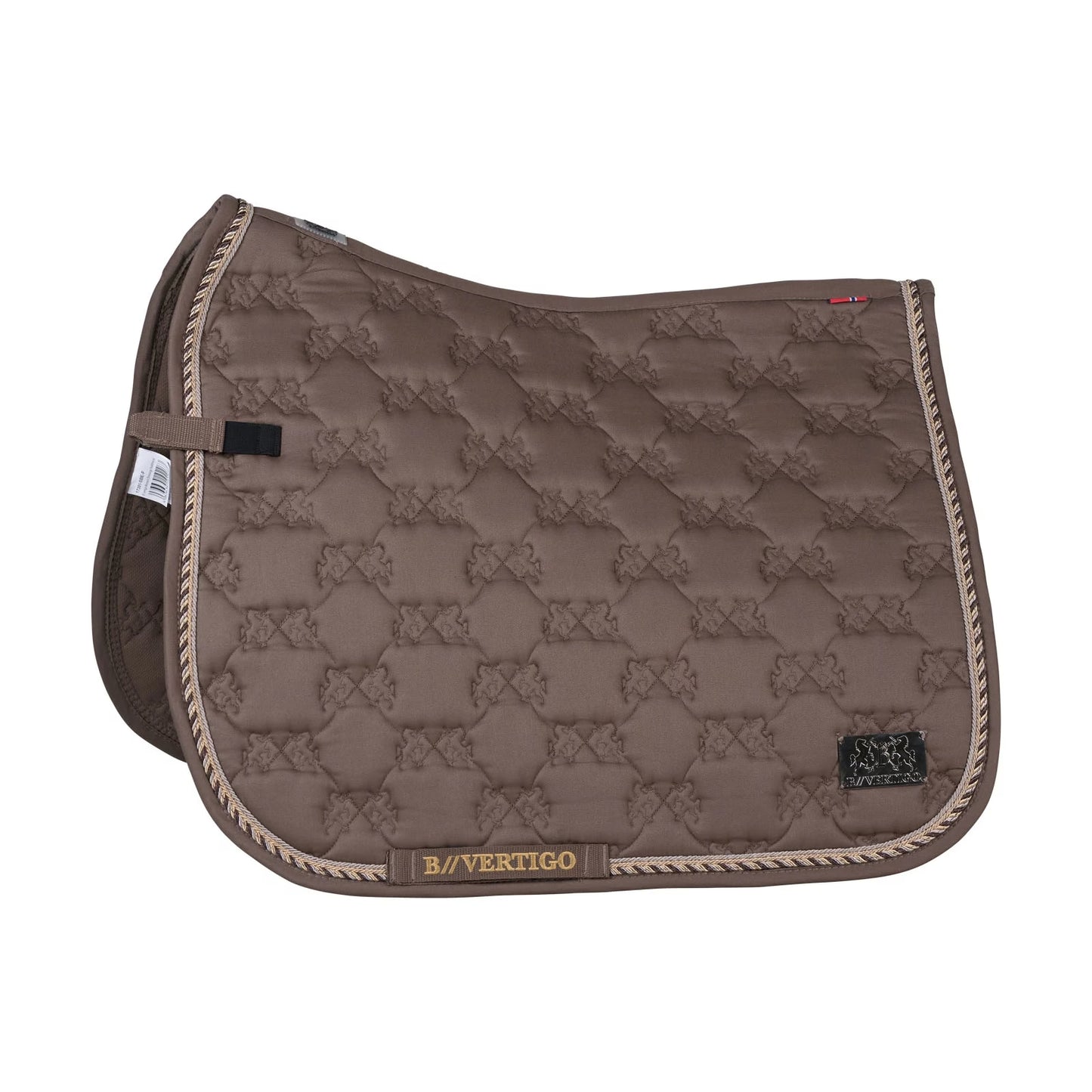 Brown quilted saddle pad with decorative border on a white background