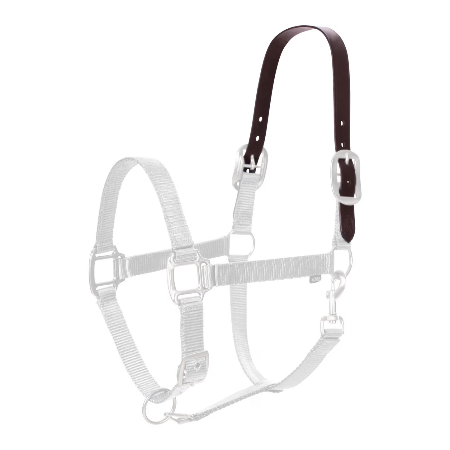 Brown leather crown piece shown on a ghosted halter