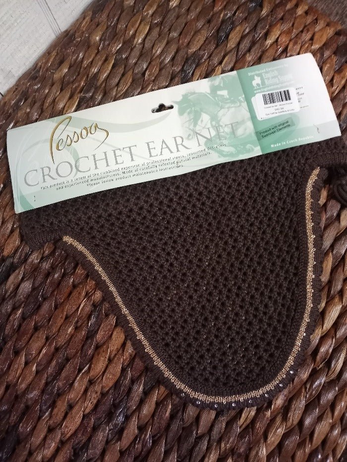 Brown colored crochet fly bonnet for a horse. Gold trim with crystal stones.