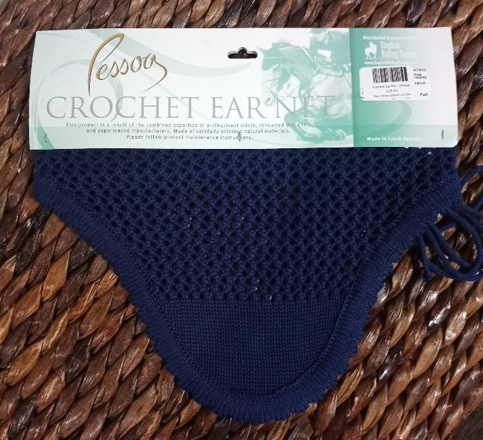 Navy colored crochet fly bonnet for a horse. Matching navy trim.