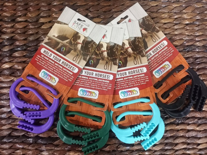 showing 4 colors of safety ties for horses