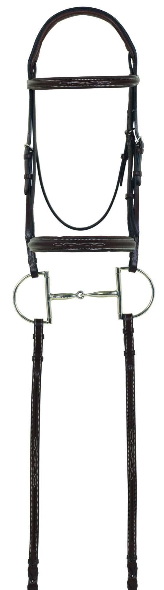 Brown leather english bridle with a D-ring snaffle bit. The bridle has some fancy stitching on the noseband and broadband.