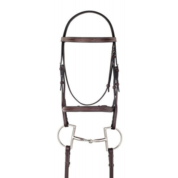Brown leather english bridle with a D-ring snaffle bit. The bridle has some fancy stitching on the noseband and broadband.