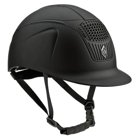 Black equestrian riding helmet with chin strap