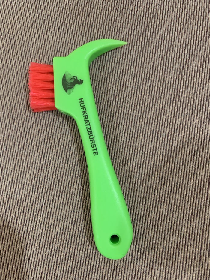 Hoof pick for horses. Solid, one piece with brush. Pictured in lime green with orange bristles.