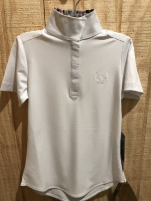White equestrian short sleeve show shirt with snaps at top. Cute pattern on inside collar.