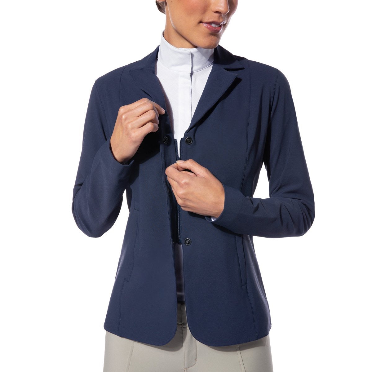 woman model wearing equestrian show cloths - navy jacket, white shirt, tan riding pants