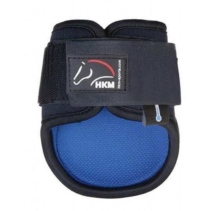 Black equine hind protection boot with blue cooling material on inside.