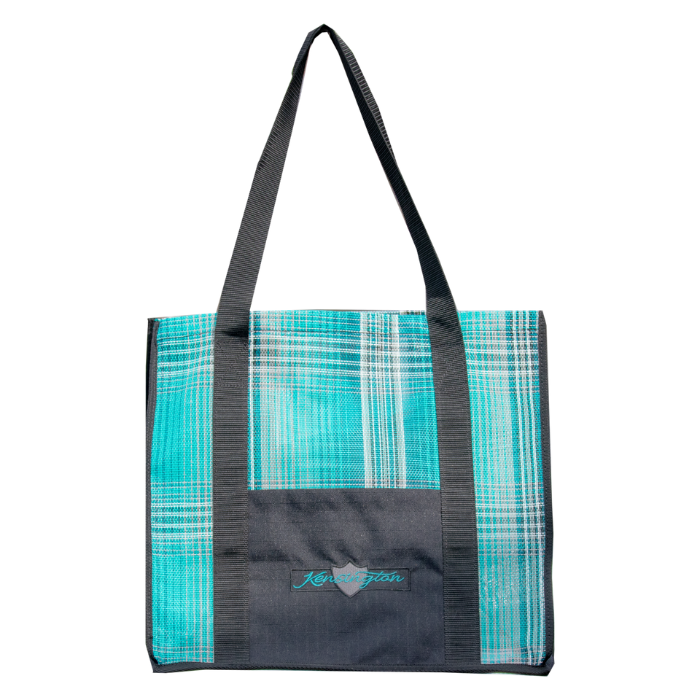 kensington plaid tote bag. teal plaid with black accents