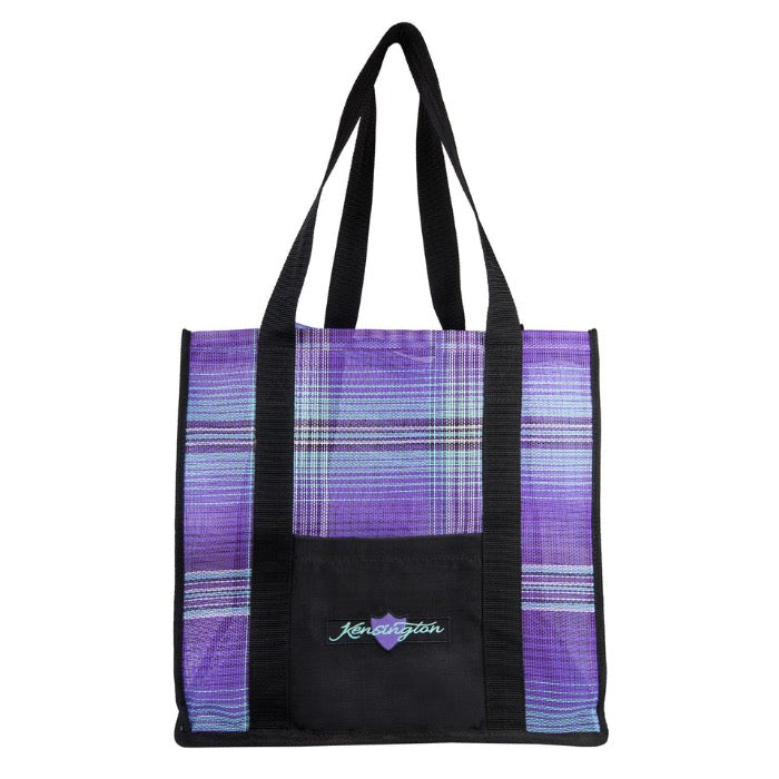 kensington plaid tote bag. purple plaid with black accents