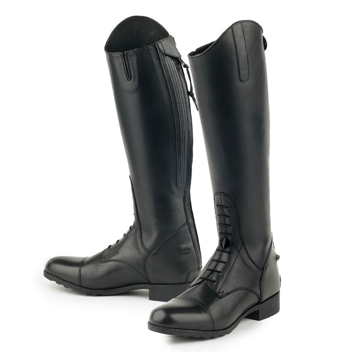 Black leather junior equestrian tall field boots back zipper
