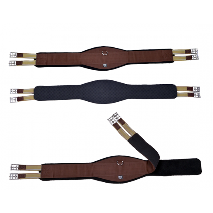 Brown english riding girth with removable neoprene. Contoured (wider at belly). Elastic at both ends.