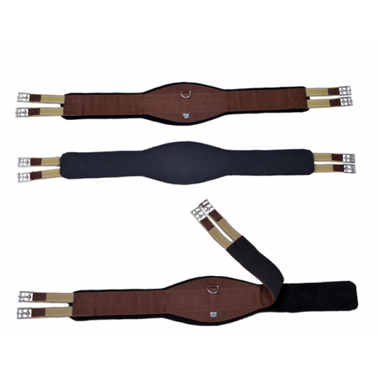 Brown english riding girth with removable neoprene.  Contoured (wider at belly).  Elastic at both ends. 