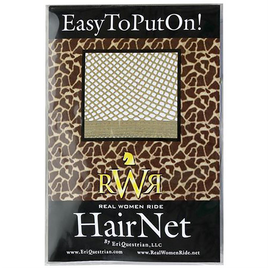 rwr equestrian riding hair net in giraffe pattern packaging with a photo showing the blonde color of the hair net