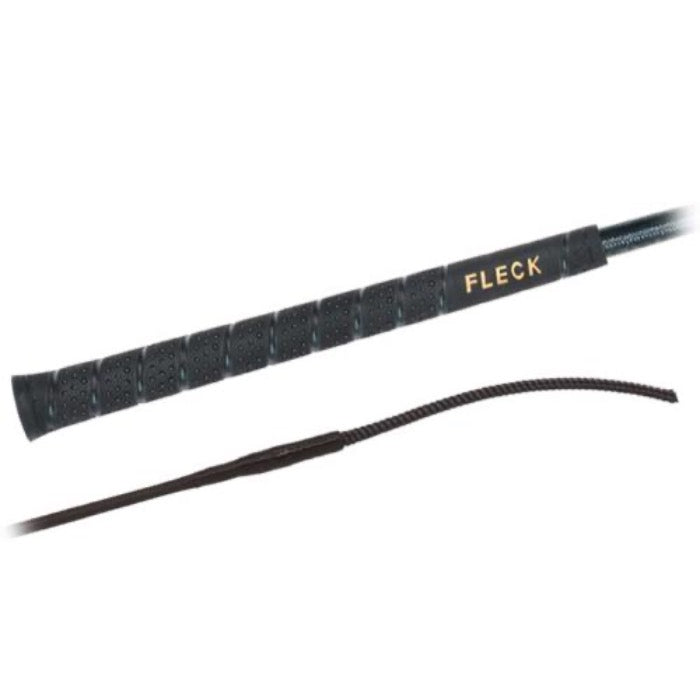 Picture shows the handle of an equestrian dressage whip with the Fleck logo. Also shows the tip of the whip as well.