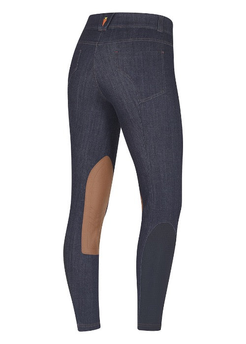 denim breeches with tan knee patch