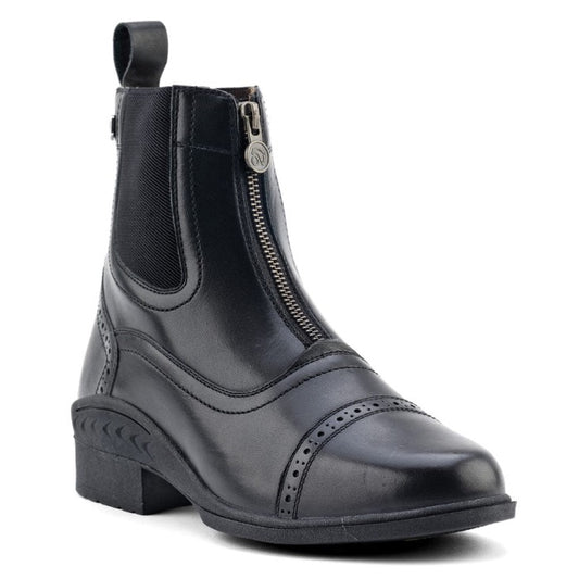 black ankle height ladies equestrian riding boot.  front zipper and leather tooling at toe and heel