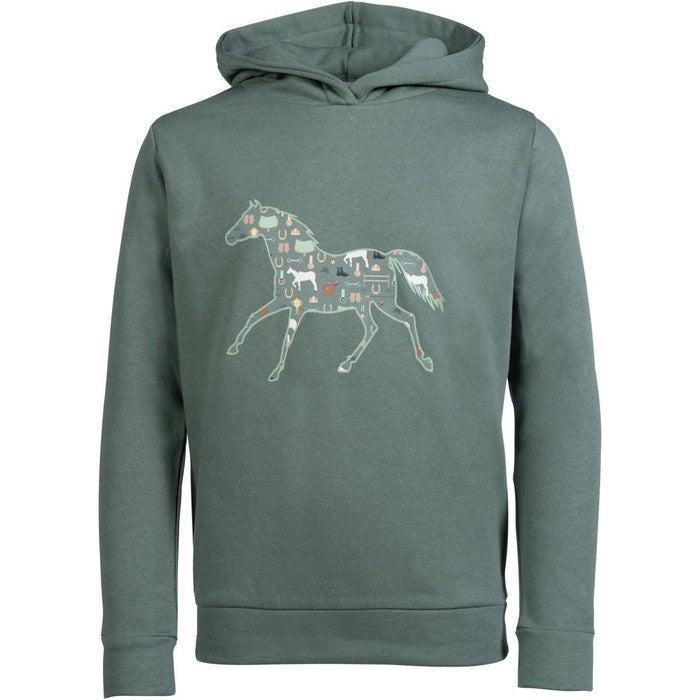 sage green sweatshirt with horse, saddle, and horseshoe pattern