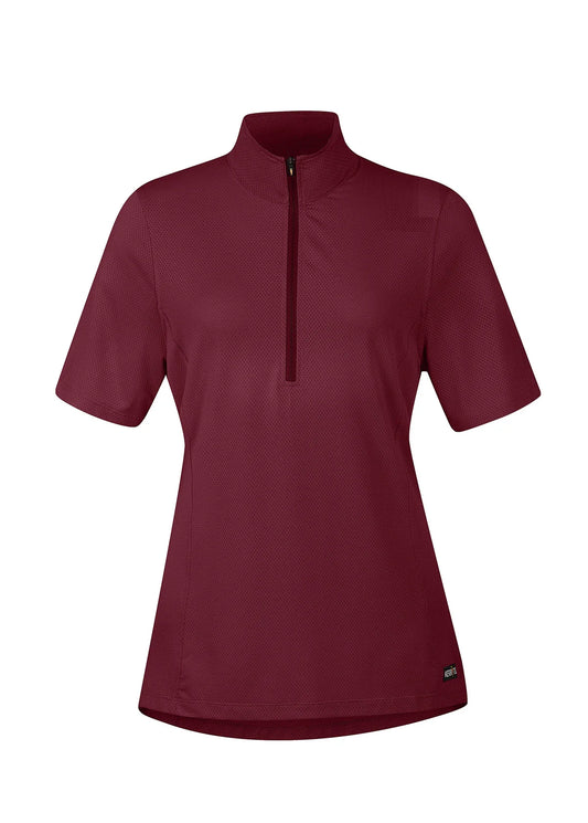 Burgundy short sleeve riding shirt with a quarter zipper