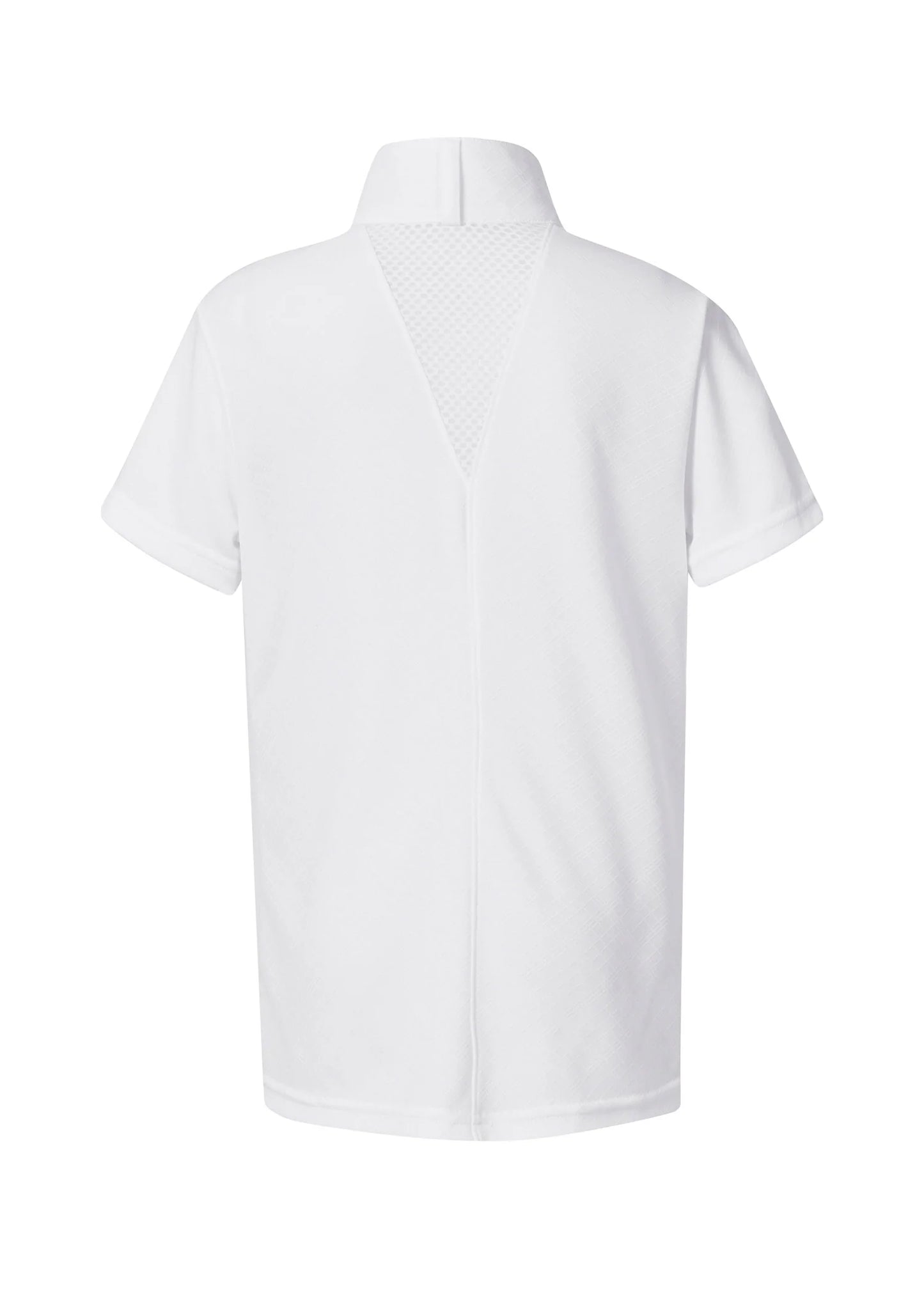 Back view of a white short sleeve equestrian show shirt