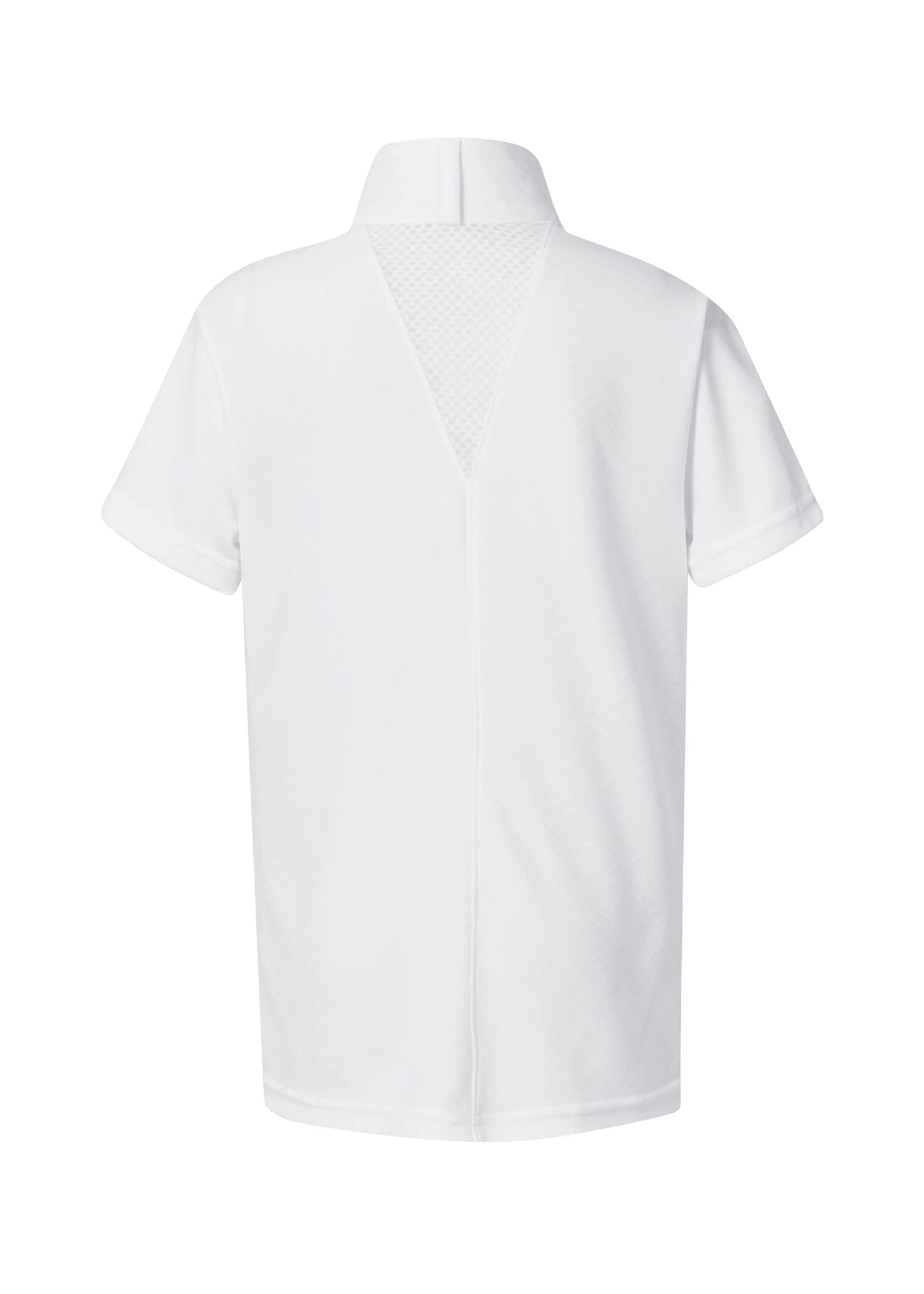 Back view of a white short sleeve equestrian show shirt