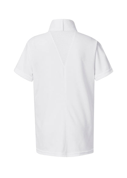 Back view of a white short sleeve equestrian show shirt