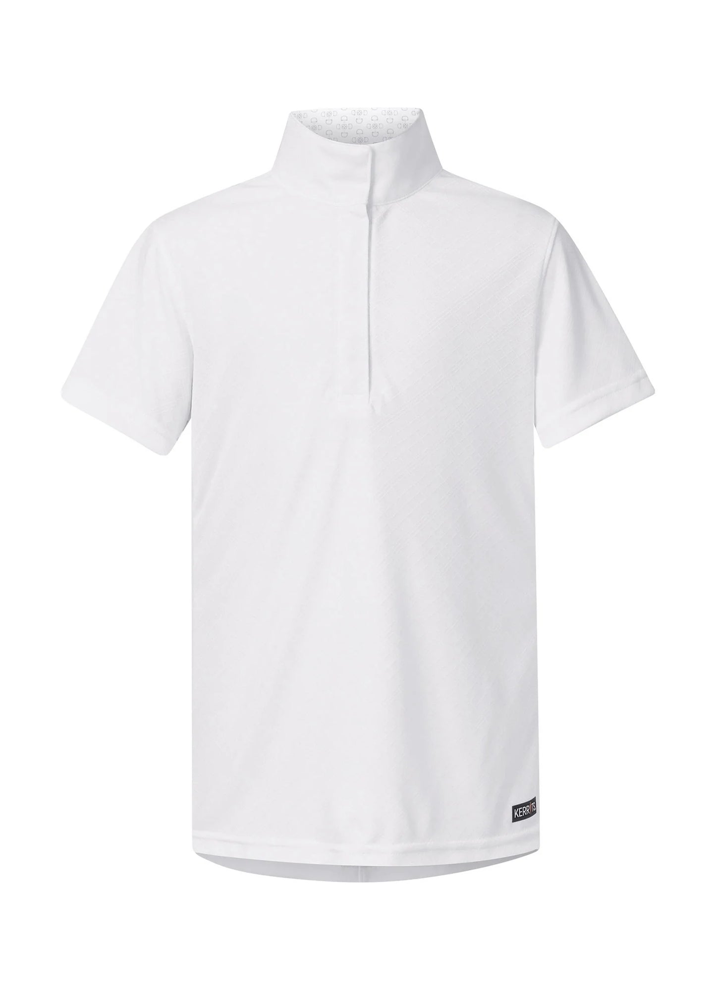 Front view of a white short sleeve equestrian show shirt