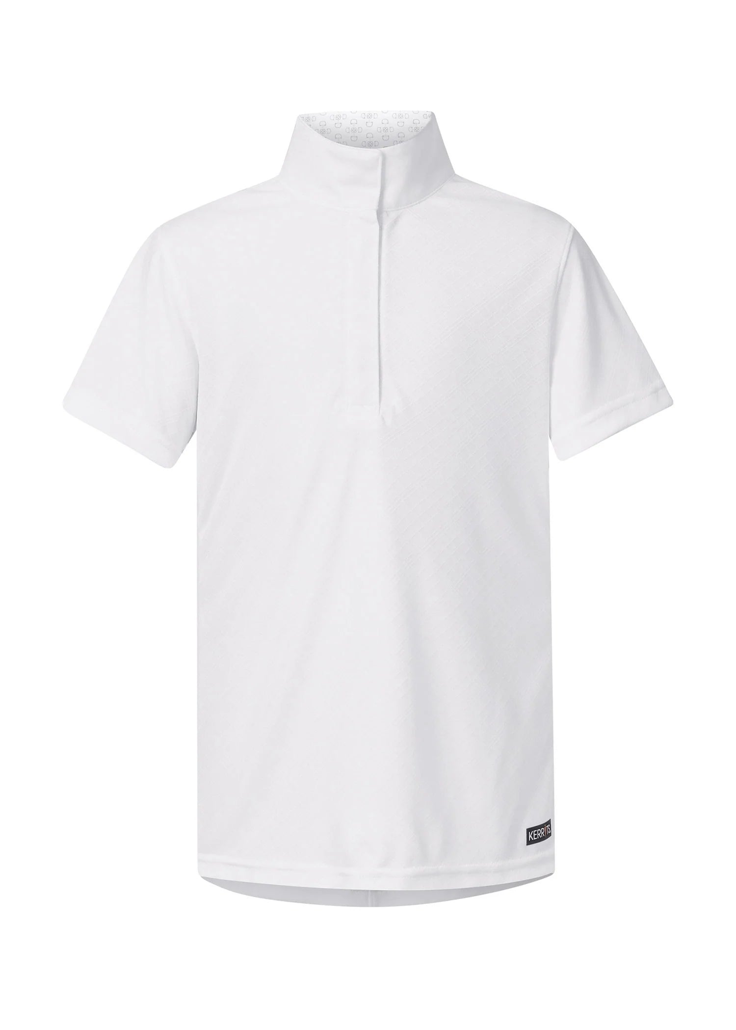 Front view of a white short sleeve equestrian show shirt