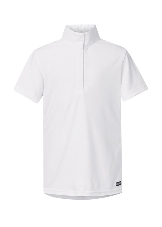 Front view of a white short sleeve equestrian show shirt