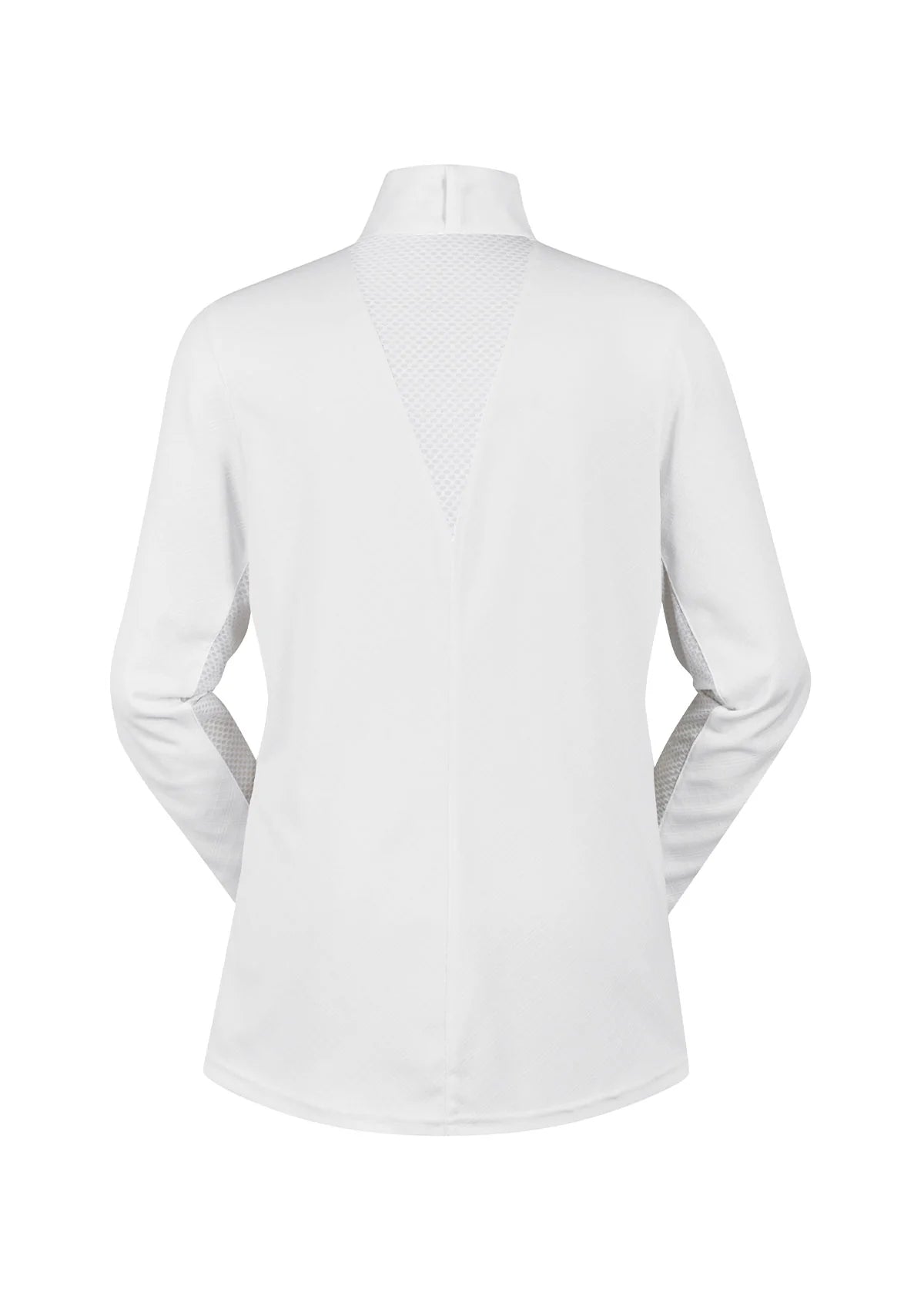 White long sleeve high collar equestrian show shirt - back view has a vented panel