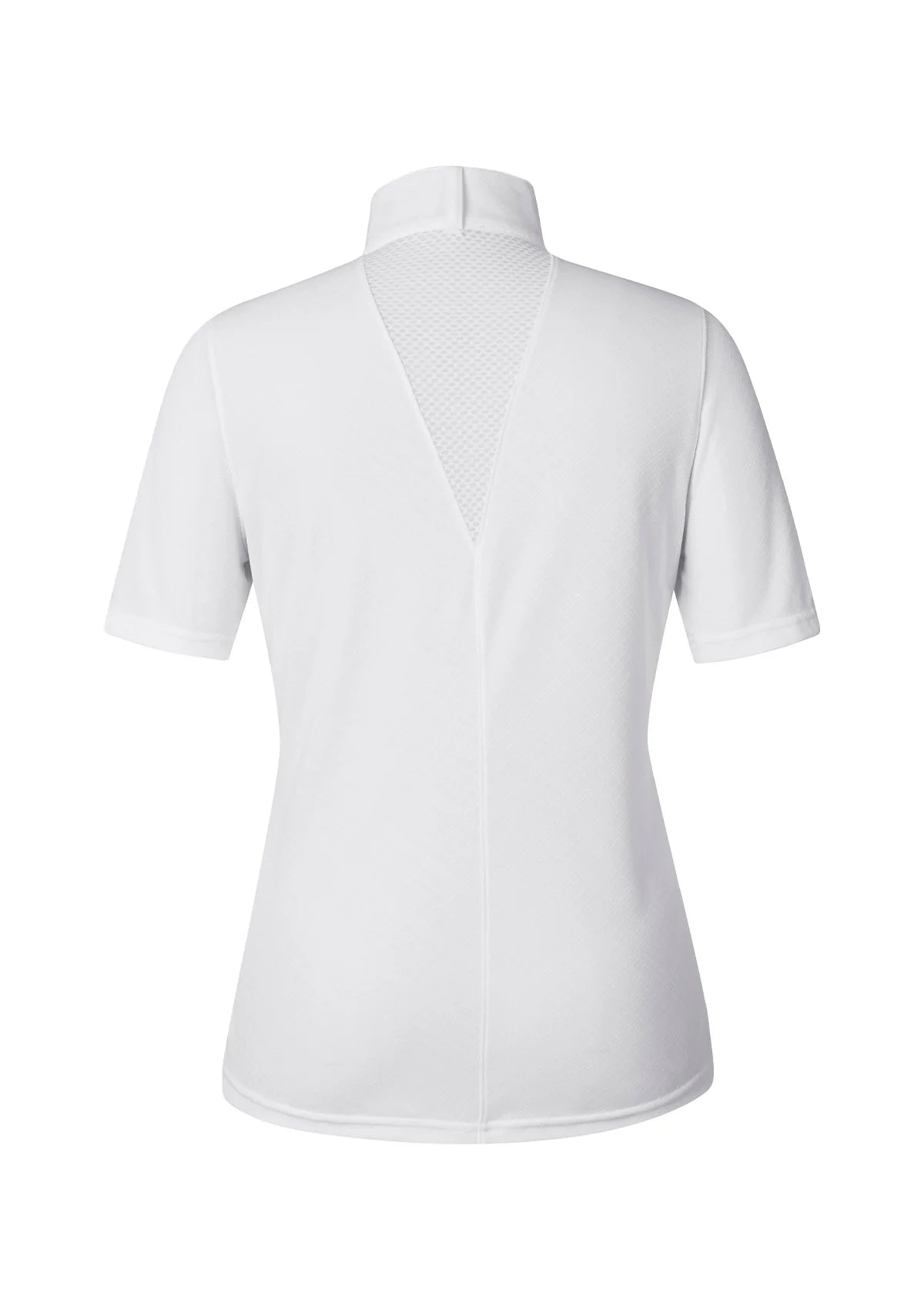 Back view of a white short sleeve equestrian show shirt