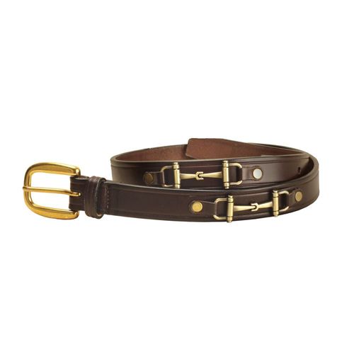 Brown leather belt with brass snaffle bit and buckle hardware on a white background