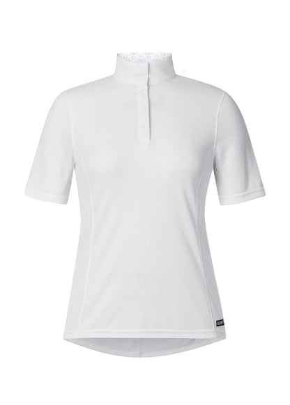 Front view of a white short sleeve equestrian show shirt