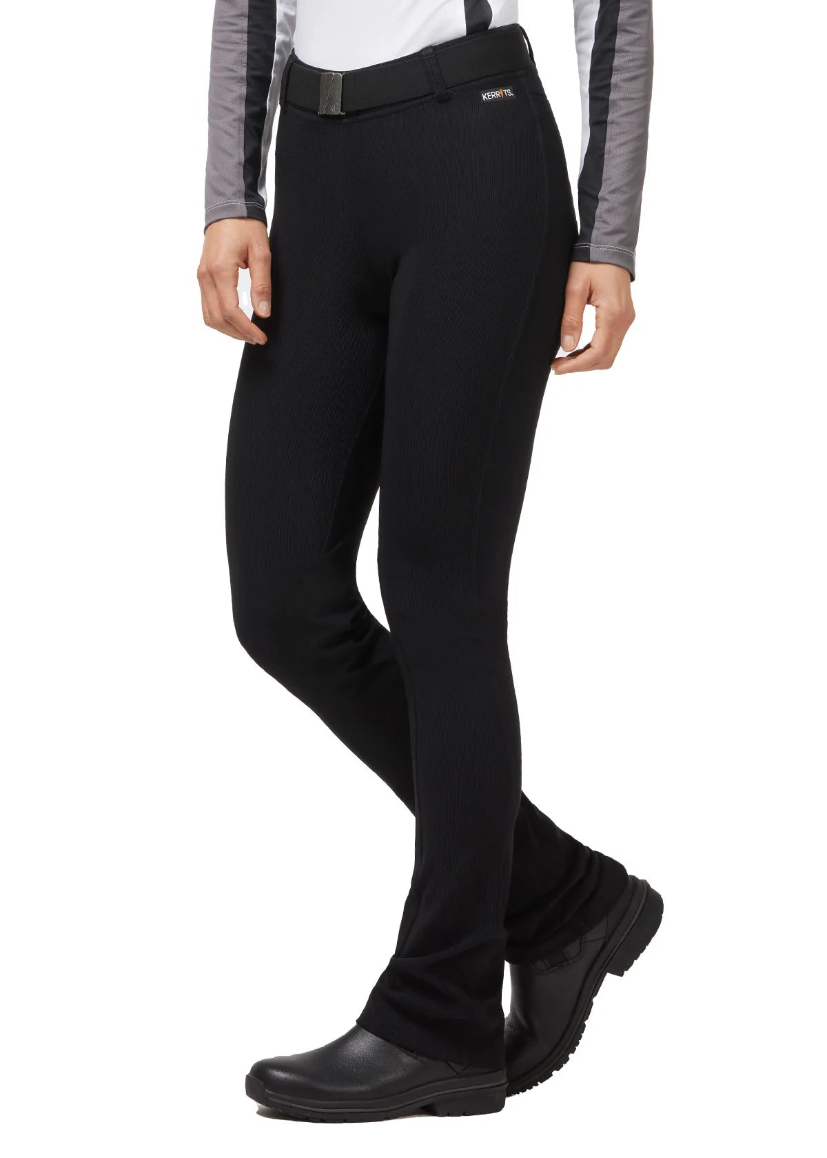 model wearing black bootcut riding pants