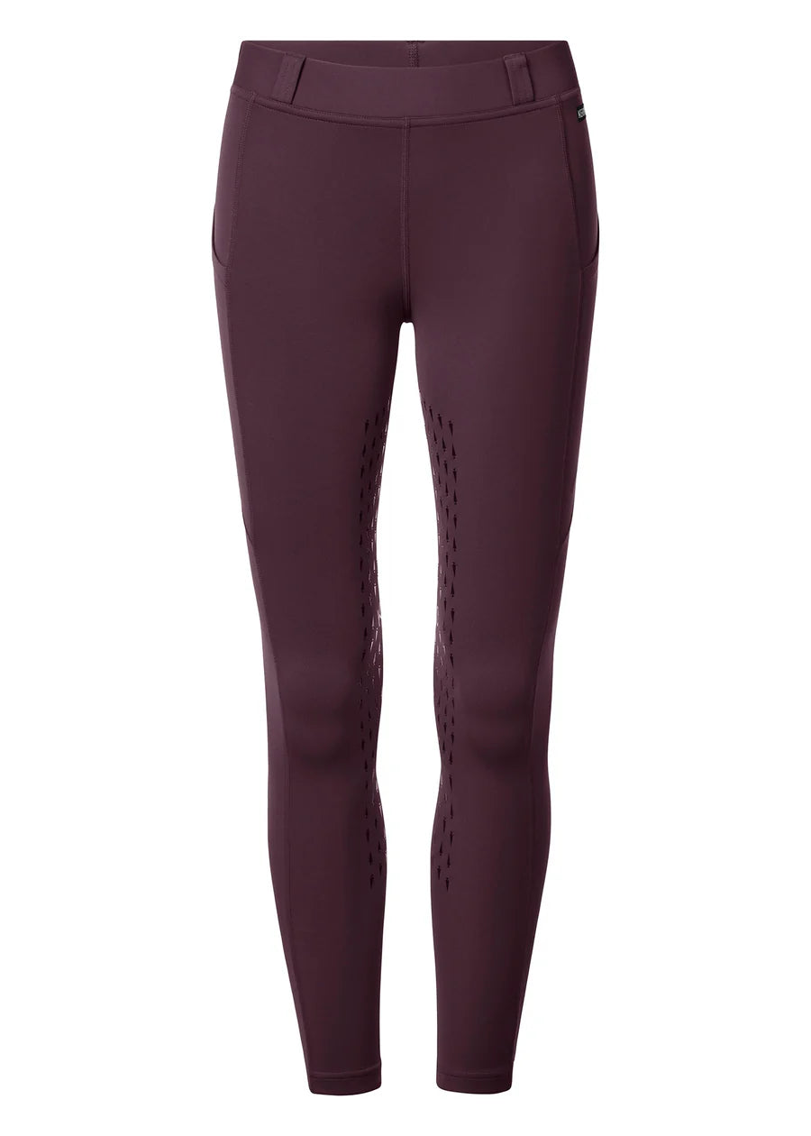 Plum colored riding tights on a white background