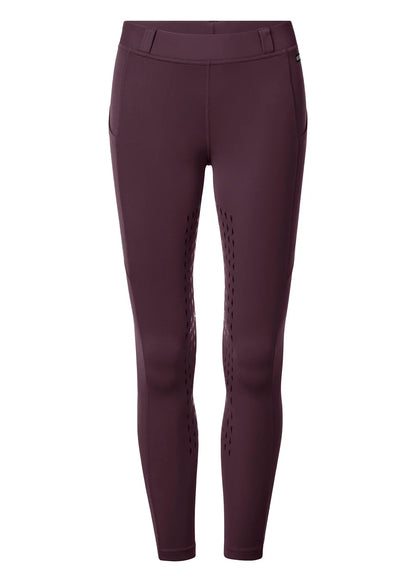 Plum colored riding tights on a white background