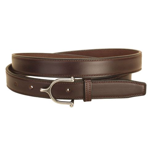 Brown leather belt with an english spur buckle on a white background