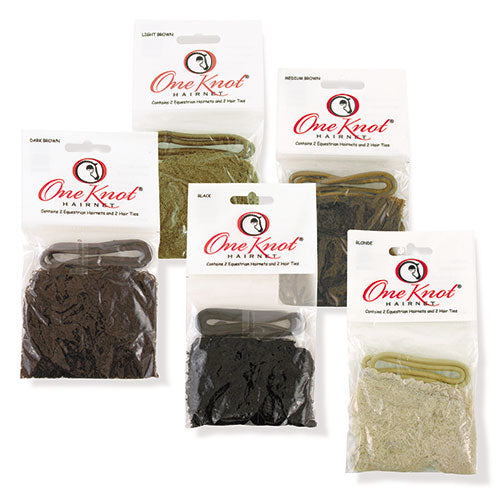 View of 5 packages of different colored hairnets.  One Knot brand.