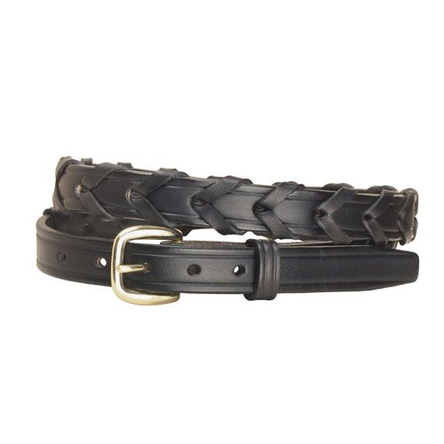 Black braided leather belt with a gold buckle on a white background