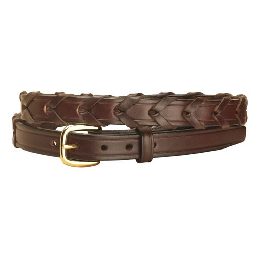 Brown braided leather belt with a gold buckle on a white background