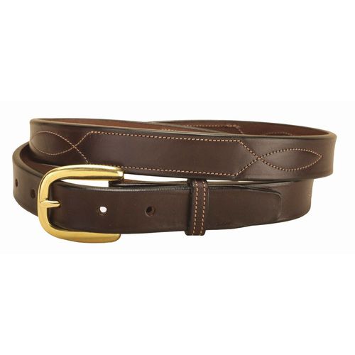 Brown leather belt with a gold buckle on a white background