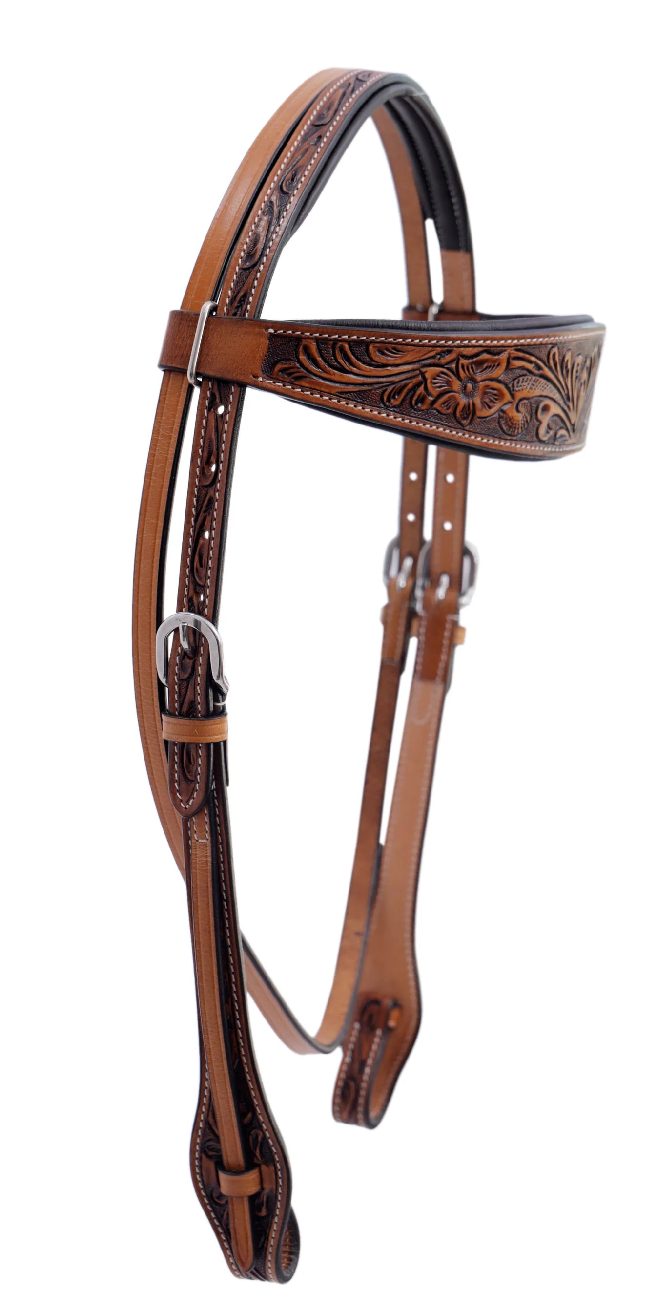 Brown leather tooled western style headstall on a white background
