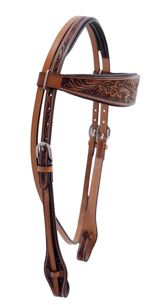 Brown leather tooled western style headstall on a white background