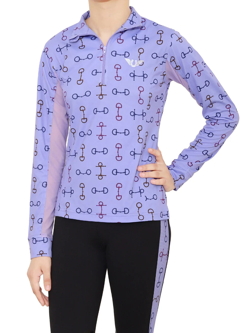 Purple/blue long-sleeve shirt with horse bit pattern worn by a person on a white background