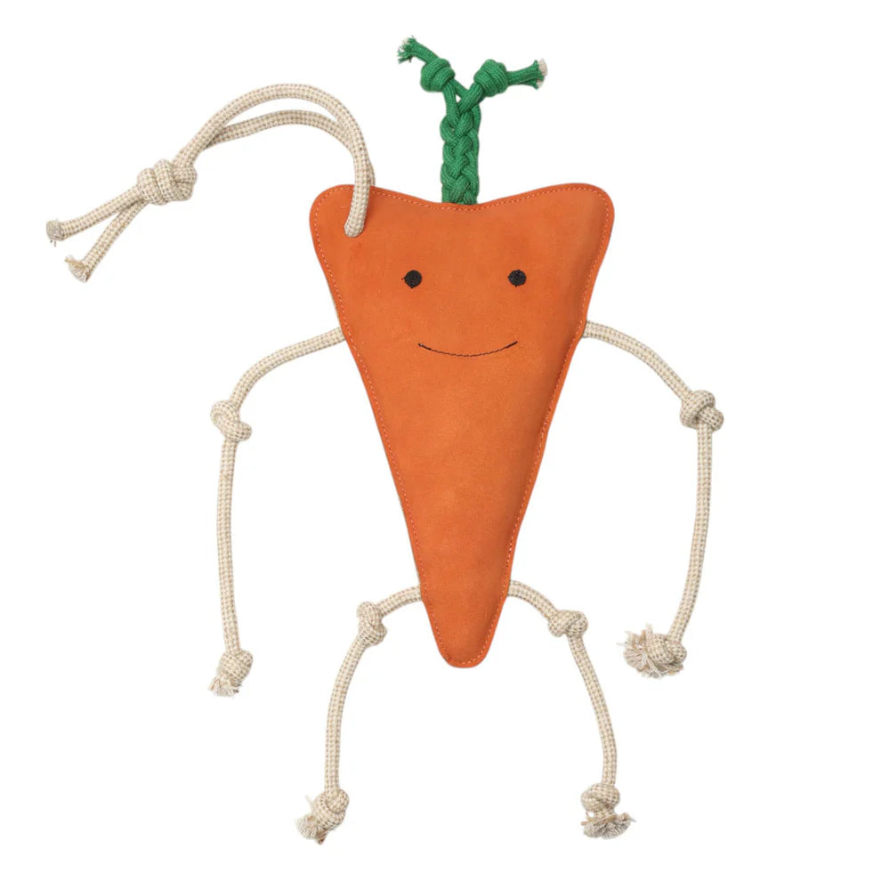 Carrot-shaped horse toy with a smiling face on a white background