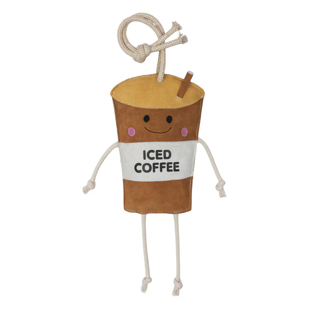 Whimsical hanging Iced Coffee character with rope arms and legs